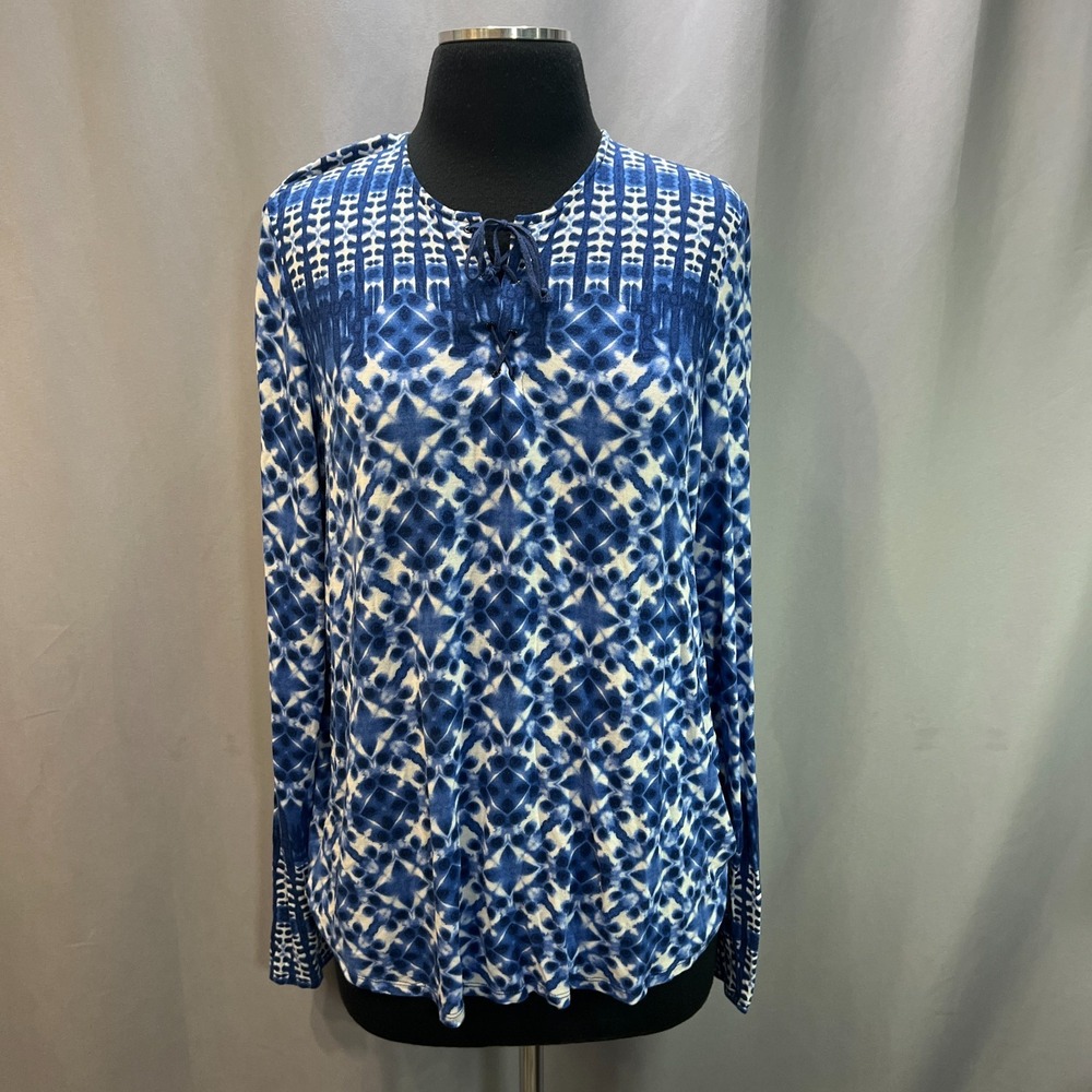 Nydj Tunic Blouse Womens Large Blue Stretch Eyelet Geometric Print Long Sleeve